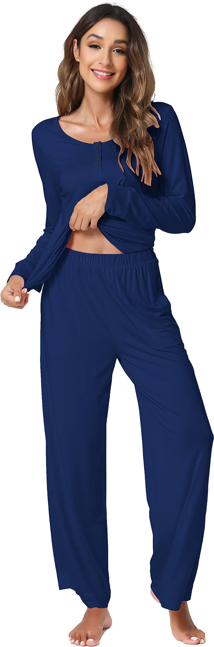 GYS Womens Pajama Sets Viscose from Bamboo Lace Trim Long Sleeve Sleepwear Soft Pjs Lounge Sets with Pockets