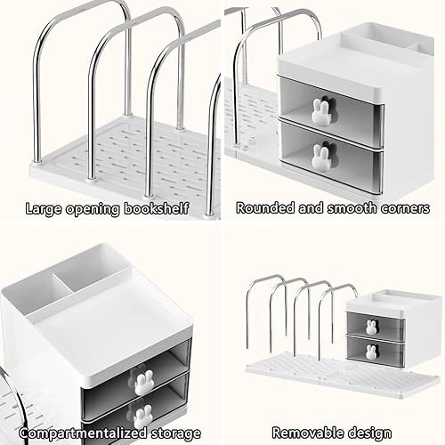 Miniatura 4 de Organizador de escritorio con sujetalibros, caja de almacenamiento de escritorio con 2 cajones, 3 compartimentos superiores y 4 sujetalibros