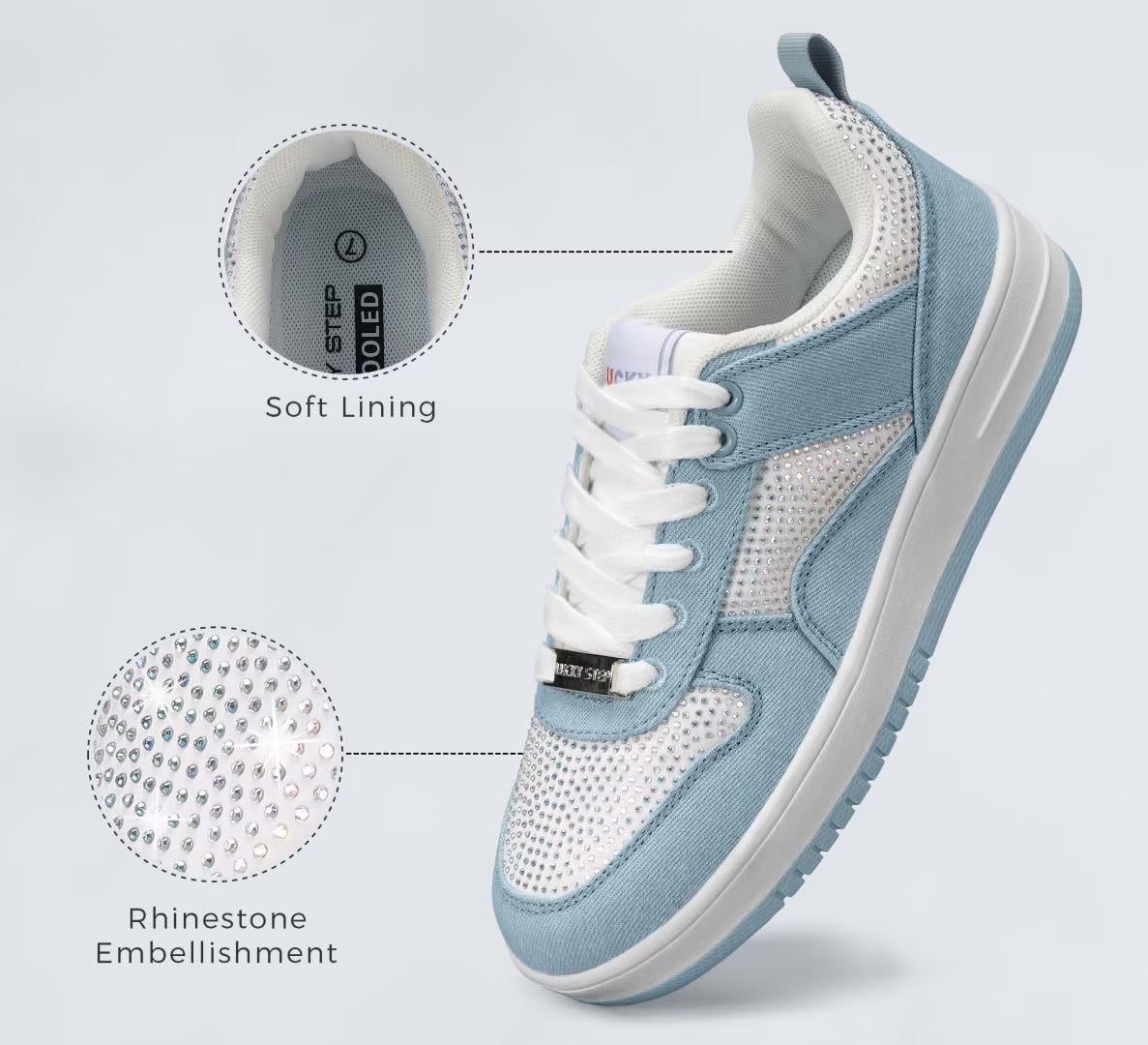 LUCKY STEP Women Fashion Sparkle Rhinestone Sneakers White Leather Low Top Tennis Shoes Lace Up Casual Comfortable Walking Shoe - Image 2