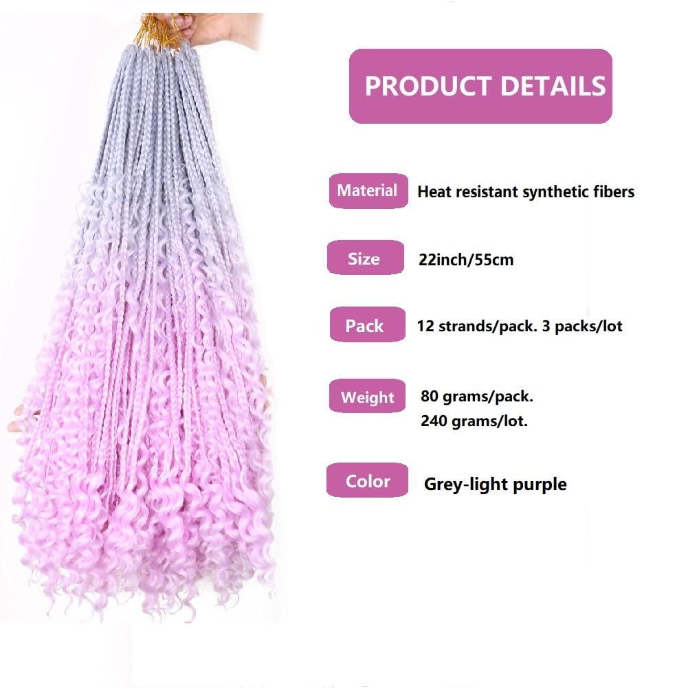 22 Inch Ombre Boho Box Braids Pre Looped Goddess Crochet Braids with Curly Ends 3 Packs Bohemian Braiding Hair Extensions for Women (Grey-Purple) - Image 2