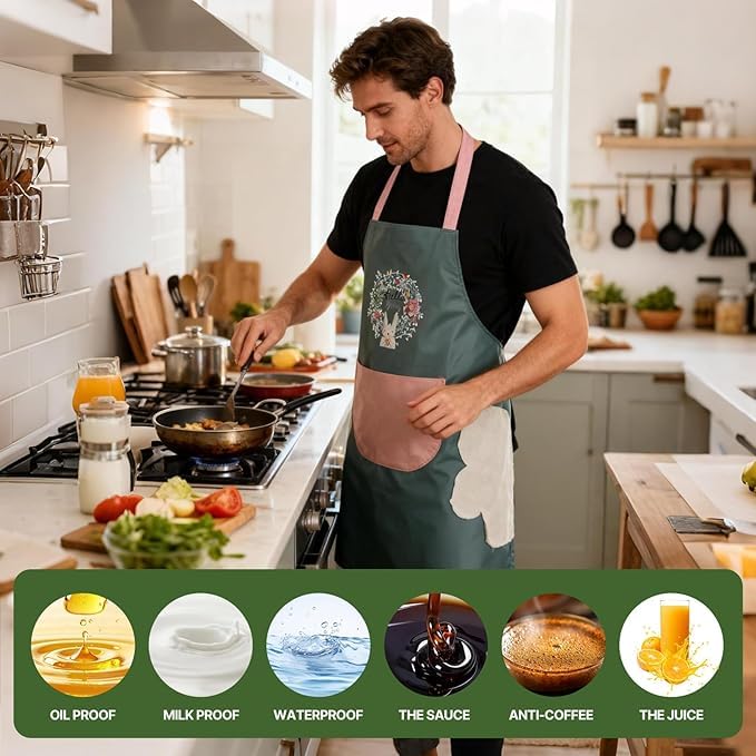 Image of HROY Kitchen Apron for Women & Men with Pocket & Side Towel | Kitchen Apron for Women & Men with Pocket & Side Towel | Reusable Cooking Chef Apron for Home Kitchen