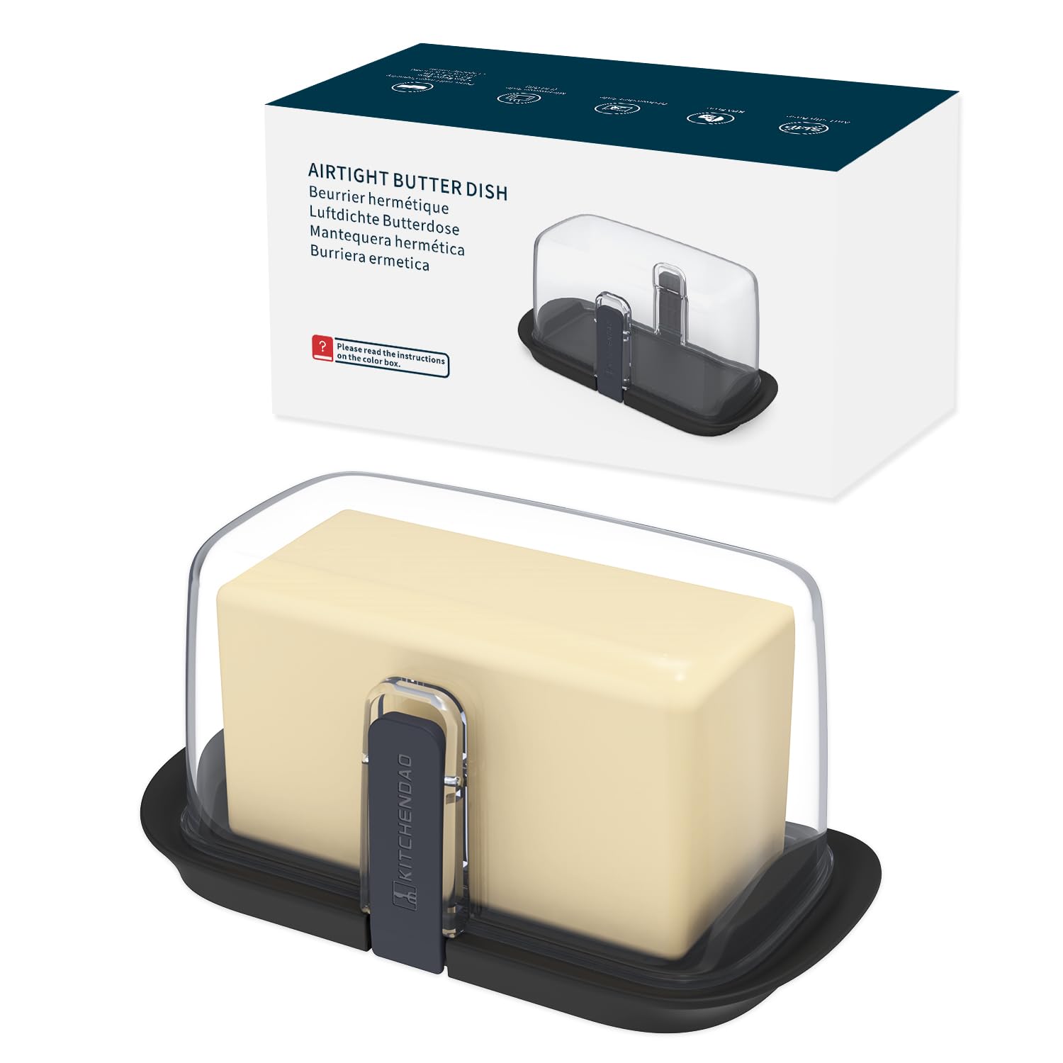 KITCHENDAO Large One-Handed Butter Dish with Lid for 250g and 500g/1lb Butter, Airtight Butter Keeper with Lid Fit a Full Pound Block of Butter，Locking Butter Container for Countertop(Black)