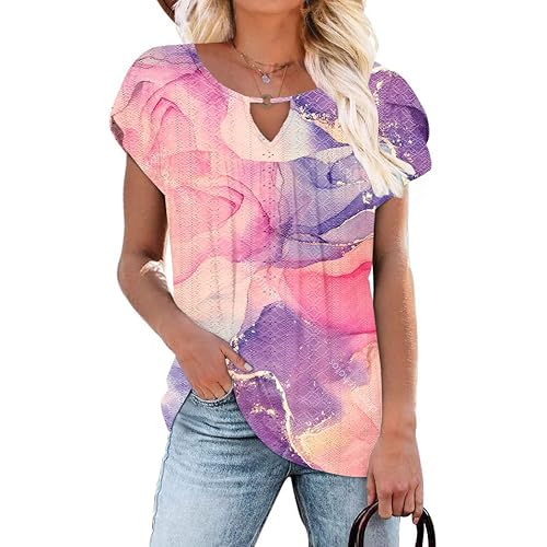 Women's Casual Dressy Short Petal Sleeve Shirts Pleated Fashion Front Key Hole Scoop Neck Floral Print Loose Fit Tops