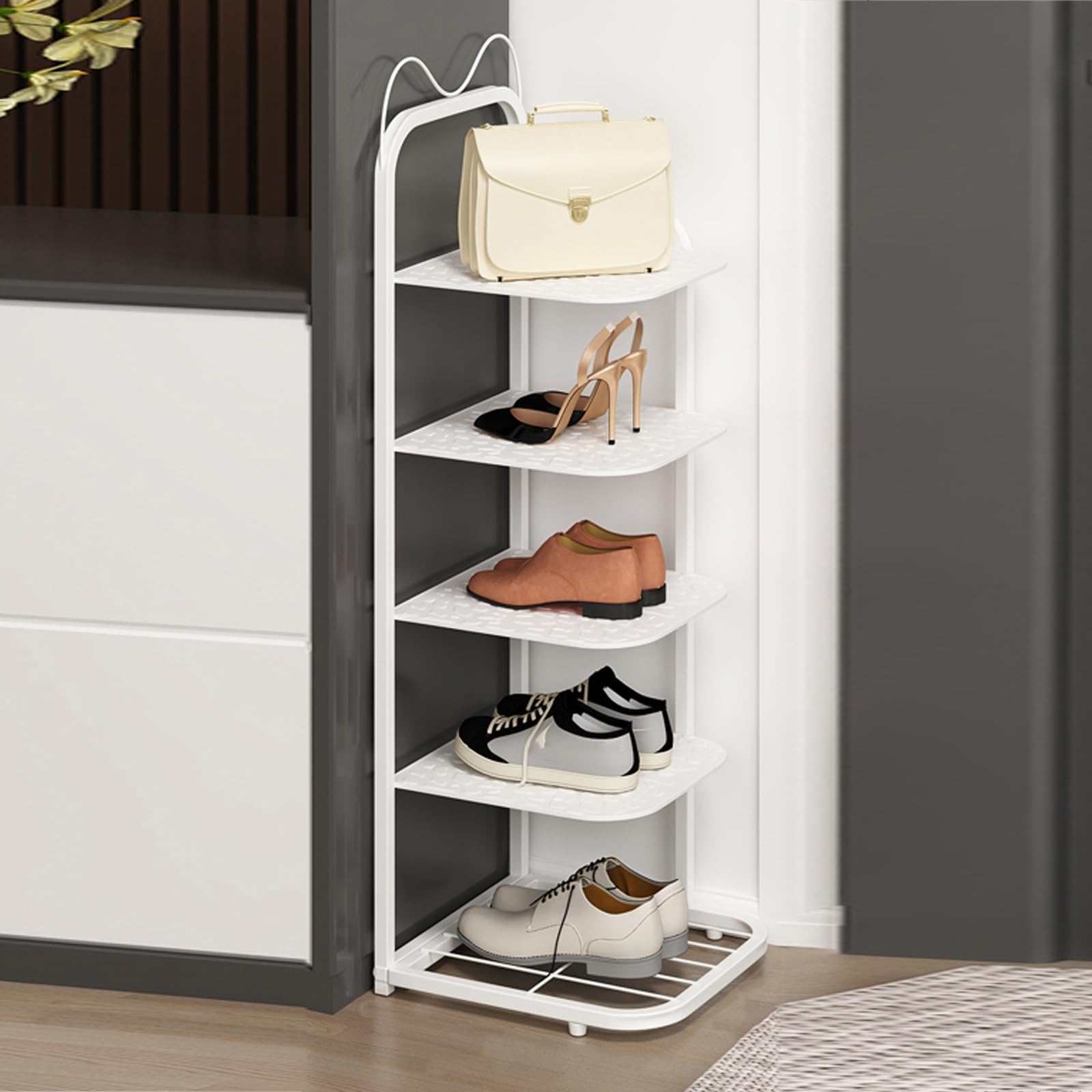 POLGDW 10 Tier Narrow Shoe Rack, Tall and Slim Shoe Rack for Small Spaces, Entryway Shoe Rack, White, 5 Tier Shoe Rack, Storage Tower