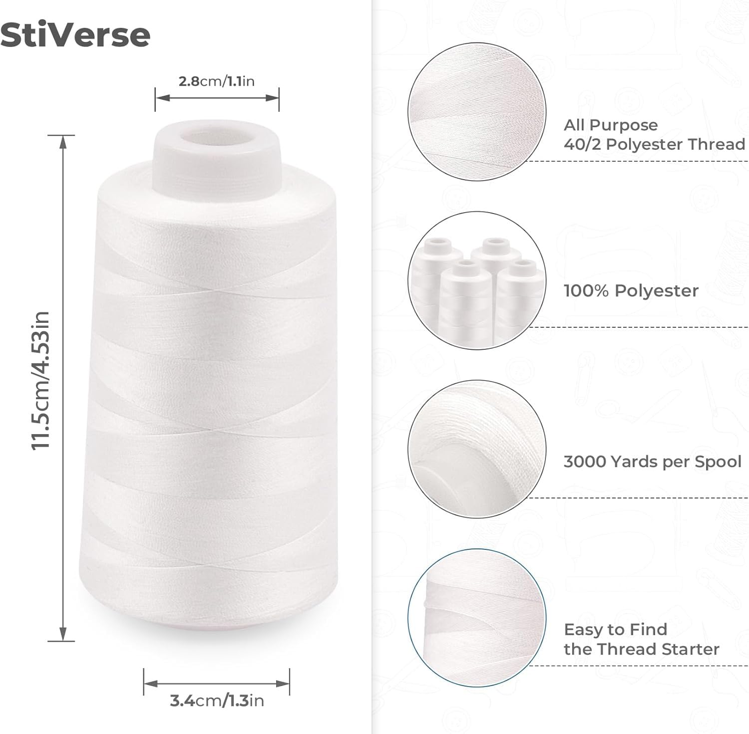 Serger Thread - Hilo de 4 conos de 3000 yardas cada carrete, hilo multiusos para costura, hilo de poliéster 40S/2 para Serger&Overlock, acolchado, piezas, máquina de coser, color blanco
