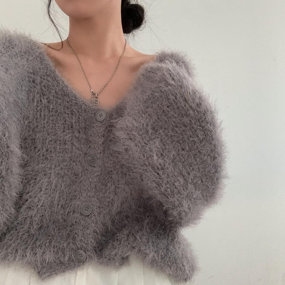 Image of Mohair Cardigan for Women - Fuzzy Open Front Oversized Faux Fur Coquette Sweater