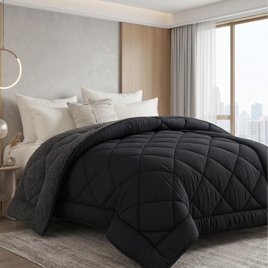 SAMPUR - Couette Sherpa | Sensation Laine et Cosy | Surpiquage Innovant | Réversible été Hiver | Isothermique | Grise | 240 x 260 cm