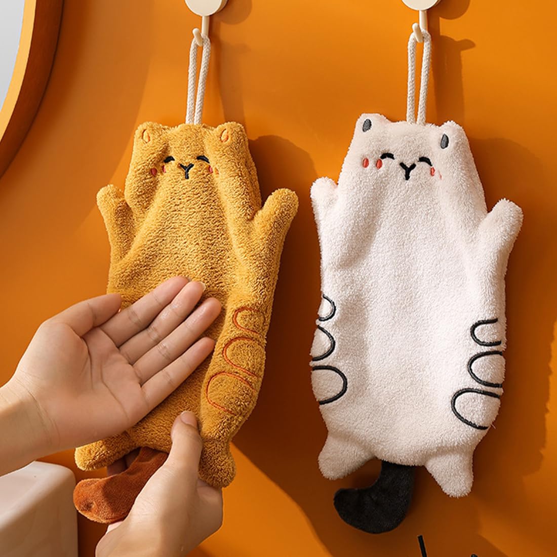 2 Pcs Cute Hanging Hand Towels, Soft Absorbent Coral Fleece Creative Hand Towels, Quick Dry, for Kitchen, Bathroom (Cute Cat Hand Towel Set)
