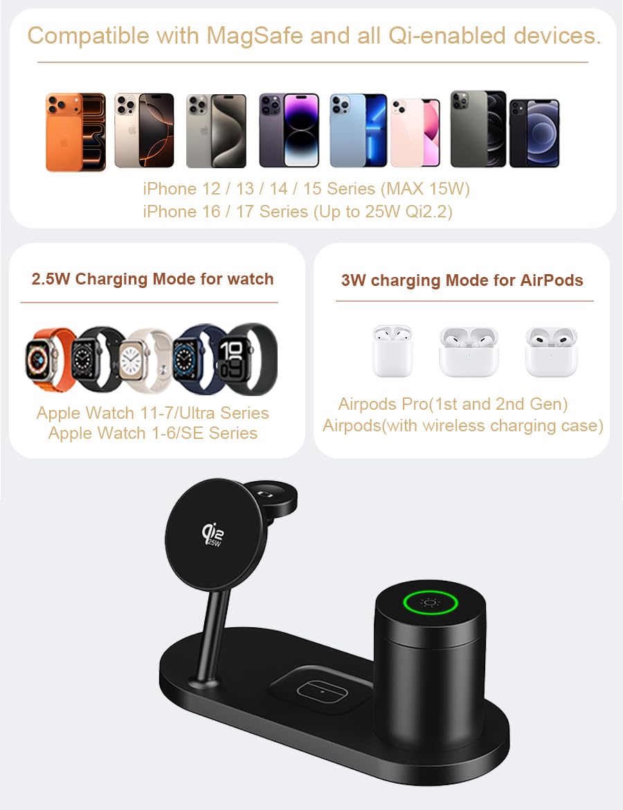 Estación de carga para reloj y iPhone, cargador inalámbrico Qi2 con carga rápida de 25 W máxima