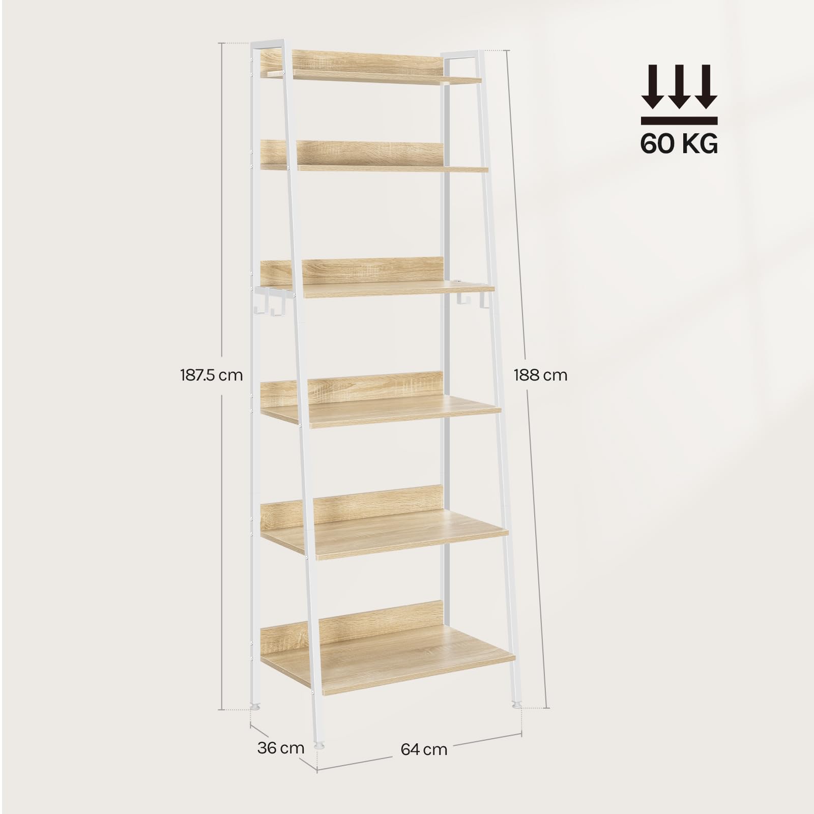 WOLTU Estantería de 6 Niveles, Estantes Madera Almacenaje, con 4 Ganchos, Estanteria Industrial para Salón, Estudio y Cocina, Marco Metálico, 64x36x187,5 cm Roble Claro + Blanco