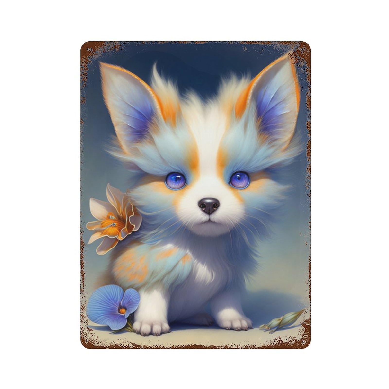 Fantasy Fox with Flowers Rust Effect Tin Sign 15.7"x11.8", Industrial Home Decor for Basement, Hobby Room And Garage Decor