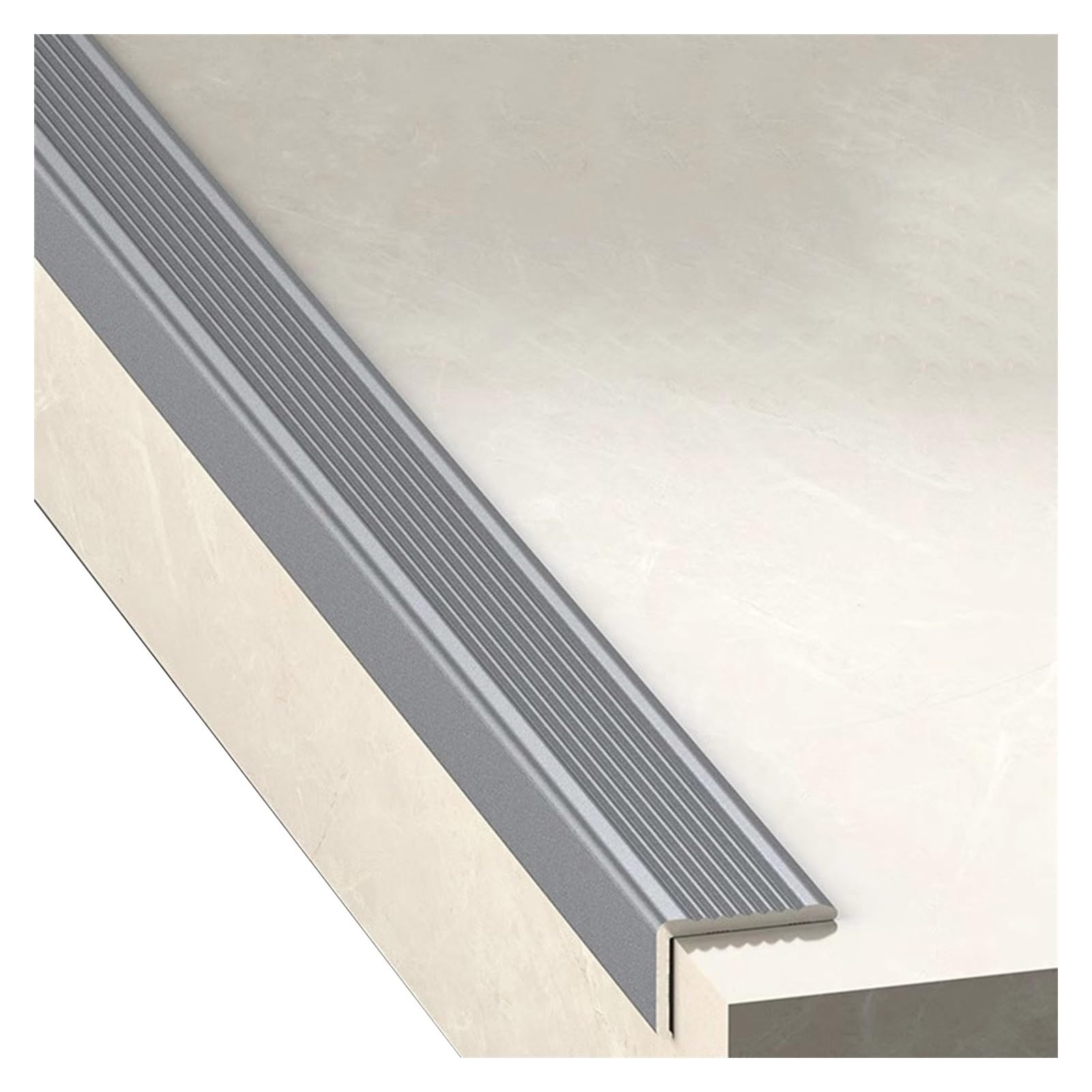 Perfil de aluminio antideslizante en forma de L para escaleras. Protector de banda de rodadura de metal para escaleras seguras, acabado gris y elegante, perfecto para uso doméstico y comercial