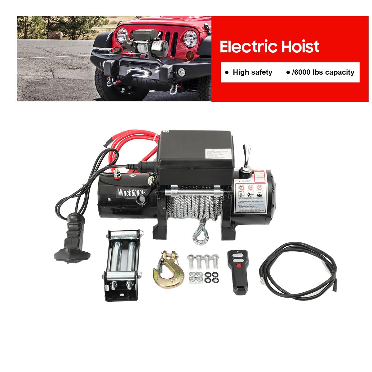 Elektrische Seilwinde 12V, 6000lbs/2722kg, mit Funkfernbedienung | 1600W Motorwinde Seilzug Elektrowinde, mit 12m Seil, für ATV UTV, LKW, Nutzfahrzeuge, Anhänger, Offroadwinde