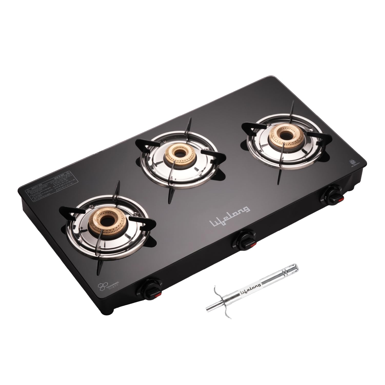 Lifelong 3 Burner Gas Stove with Gas Lighter | Modern Glass Stove with 6mm Toughened Glass | High-Efficient Manual Ignition Cooktop | ISI Certified & LPG Compatible | 360° Flexible Gas Inlet (Black)-image-26