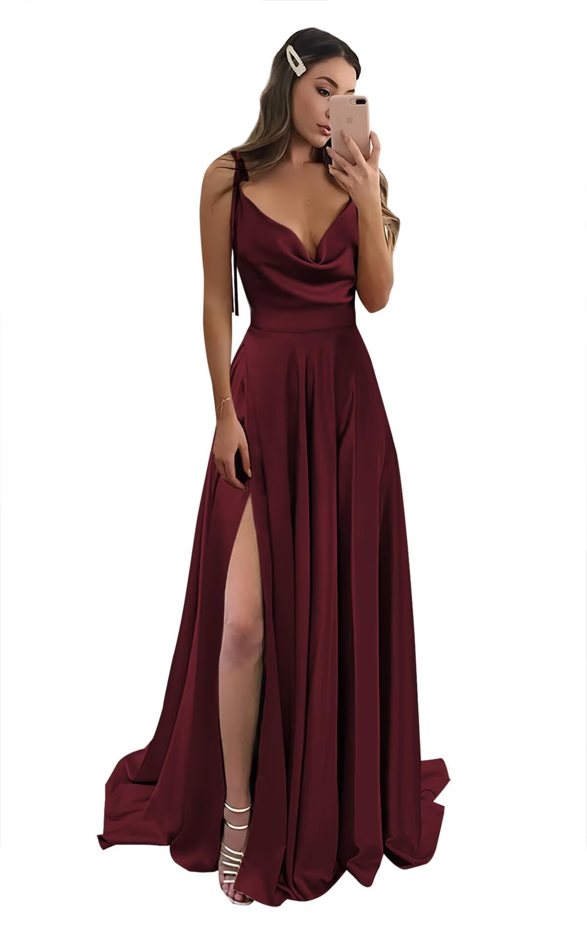 Cowl Neck Satin Bridesmaid Dresses Long with Slit Spaghetti Straps Formal Prom Evening Gowns with Pockets