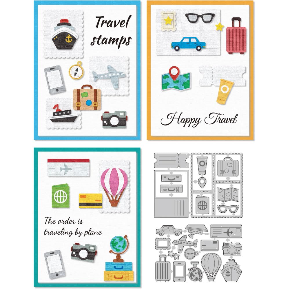 DELORIGIN Travel Stamps Cutting Dies Journey Related Dies Cut Metal Die Cuts Embossing Stencils Template Dies for Card Making Decoration DIY Scrapbooking Photo Trip Album Paper Crafts Card Supplies