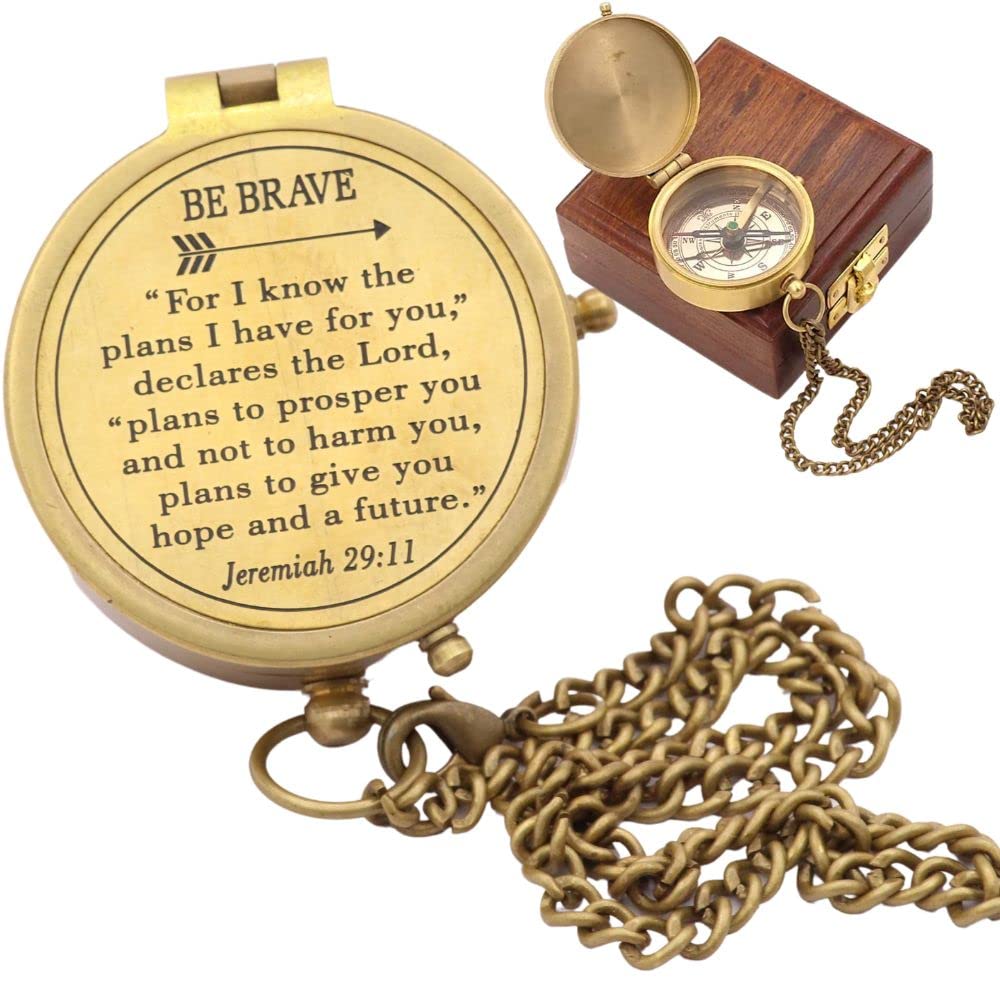 RII Solid Brass Directional Engraved Compass, Baptism Gifts for Boys Girls, First Communion, Christian Gifts for Men, First Confirmation Gifts for Boys, for I Know The Plans I Have for You