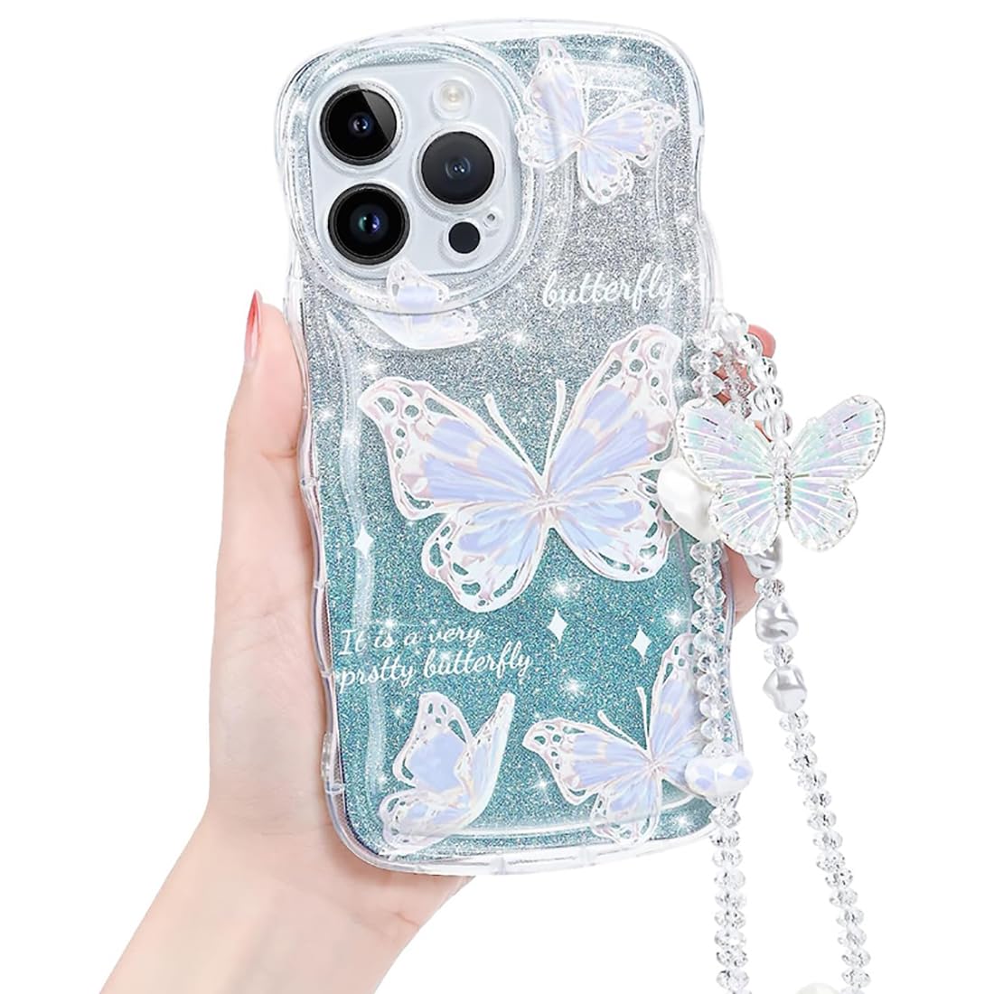 Compatible for iPhone 14 Pro Max Case Luxury Glitter Cute Butterfly Pattern Bling Cover Camera Protection Shockproof Phone Case for Women Girls for iPhone 14 Pro Max Cover+ Crystal Butterfly Chain