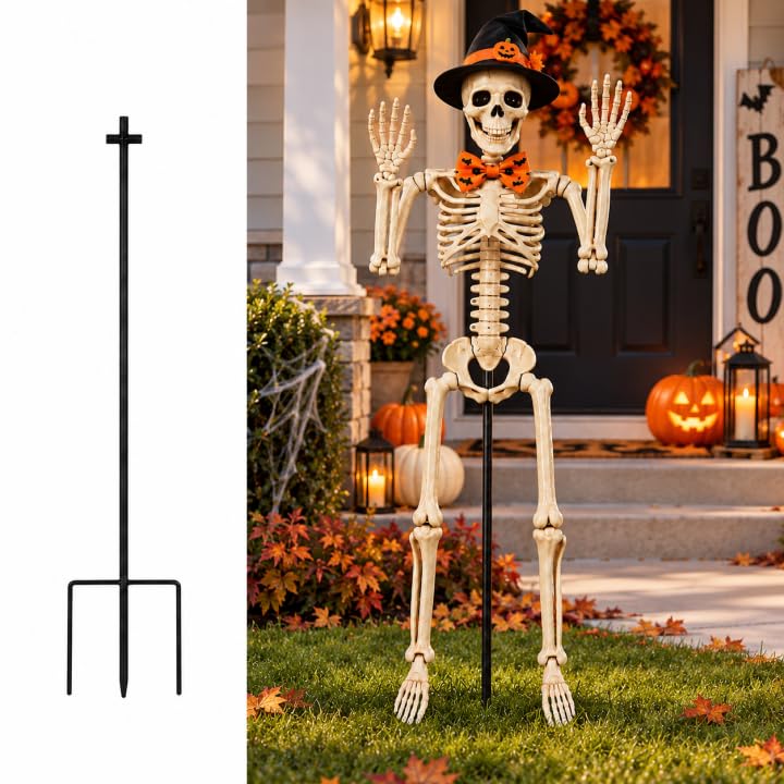 36" Halloween Skeleton with Metal Stand, Poseable Full Body Skeleton Decoration for Outdoor Yard, Garden, Porch, Indoor Haunted House, Movable Joints Human Bones Halloween Party Decor (1 Pack ) - image 1