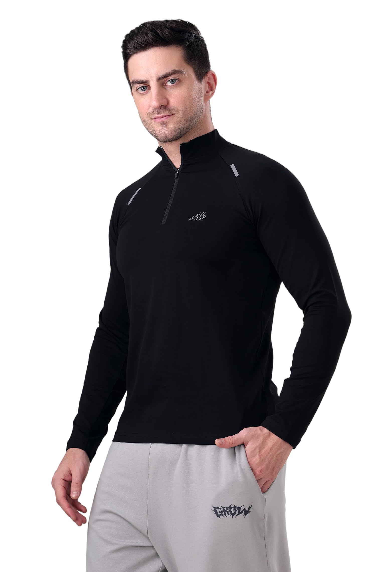 GROW Gym T Shirts for Men Workout | Full Sleeve Cotton and Spandex Quarter Zip Solid Full Sleeve Sports Tshirt for Men-picture-30