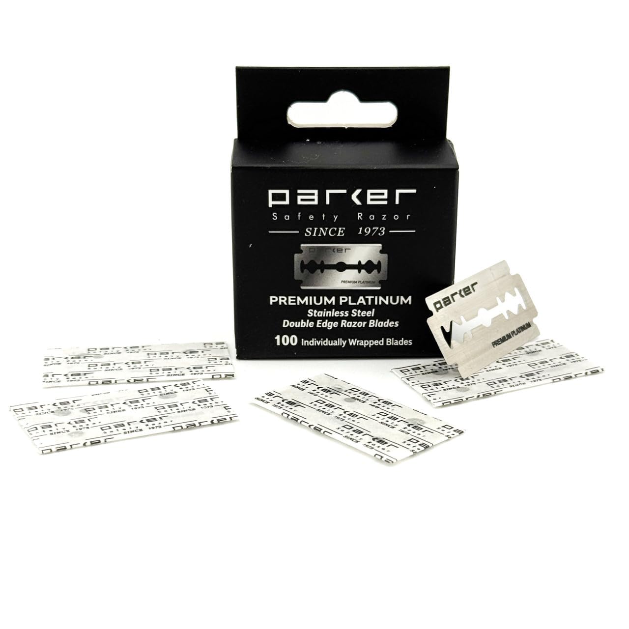 Parker Premium Platinum ostrza do podwójnych ostrzy – 100 sztuk w opakowaniu fryzjerskim | szwedzka stal, platynowa powłoka chromowo-wolframowa | delikatne, przyjemne golenie | pasują do wszystkich