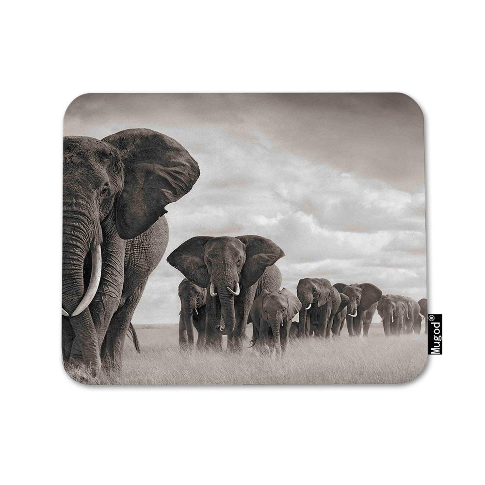 Mugod Elephant Mouse Pad Elephant Walking on The African Savannah Grassland Grey Mouse Mat Non-Slip Rubber Base Mousepad for Computer Laptop PC Gaming Working Office & Home 9.5x7.9 Inch