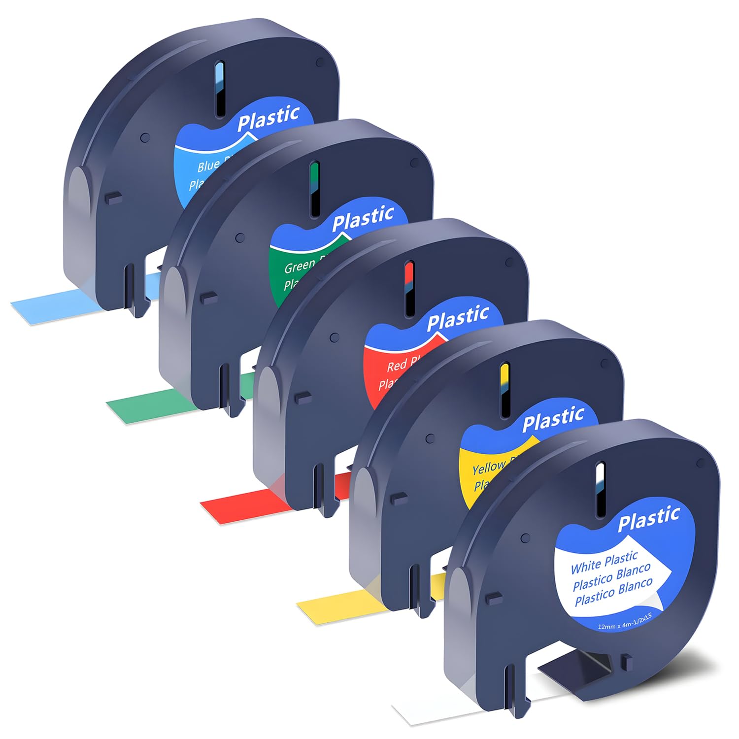 SHUBEIEUMI 5-Pack Label Tape Compatible with Dy-mo Letratag Plastic Tape, for Dy-mo Letra Tag LT-100H 100T QX50 Label Maker, 12mm x 4m(Yellow/White/Red/Green/Blue)