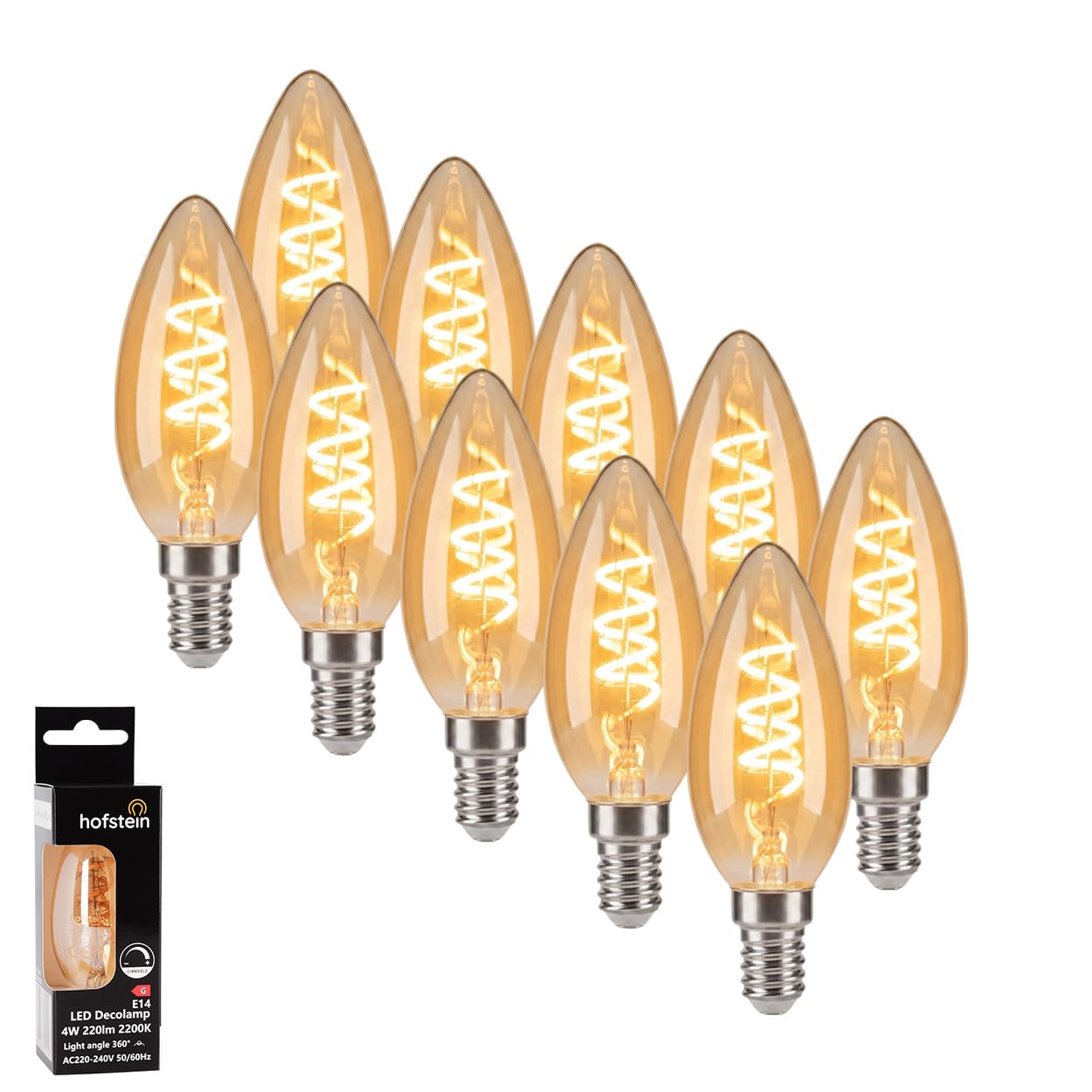 HOFSTEIN E14 LED Warmweiss Glühbirne Vintage Kerzenform 10er Set Leuchtmittel 4 Watt 2200 Kelvin 220 Lumen Extra Sanftes Amberlicht für Dekorative Retro Lampen und Stimmungsvolle Akzente