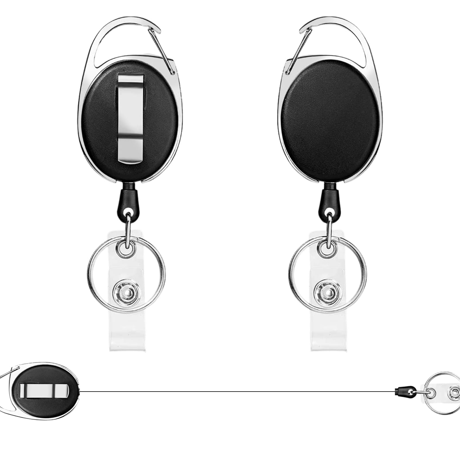 Llavero Retráctil con Clip, 2 Unidades Llaveros Retráctiles Extensibles con Cordón de Nylon, para Tarjetas de Identificación y Llaves, negro