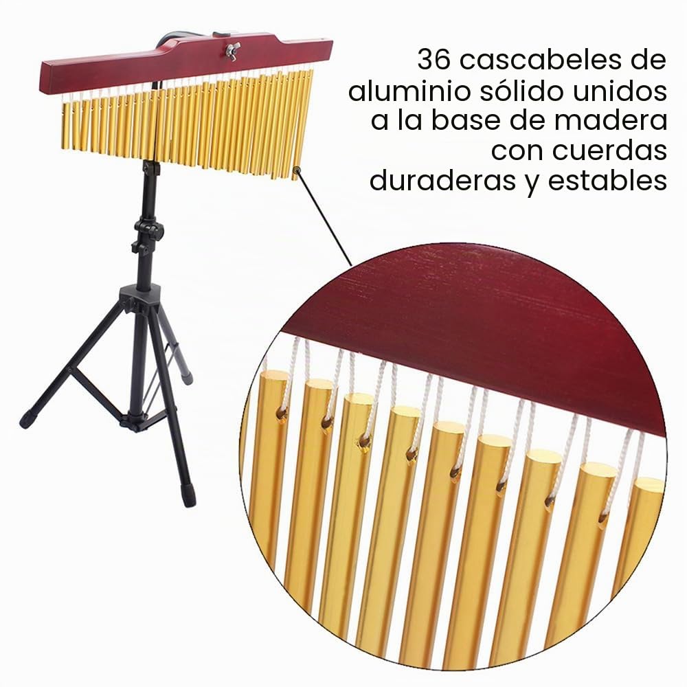 Jemora 36 Campanas Barchime Chime Bar Carillón de Viento Dorado de una Sola Barra de Aleación de Aluminio Sólido Carillones Windchime Barra de Madera Instrumento Musical de Percusión con Soporte