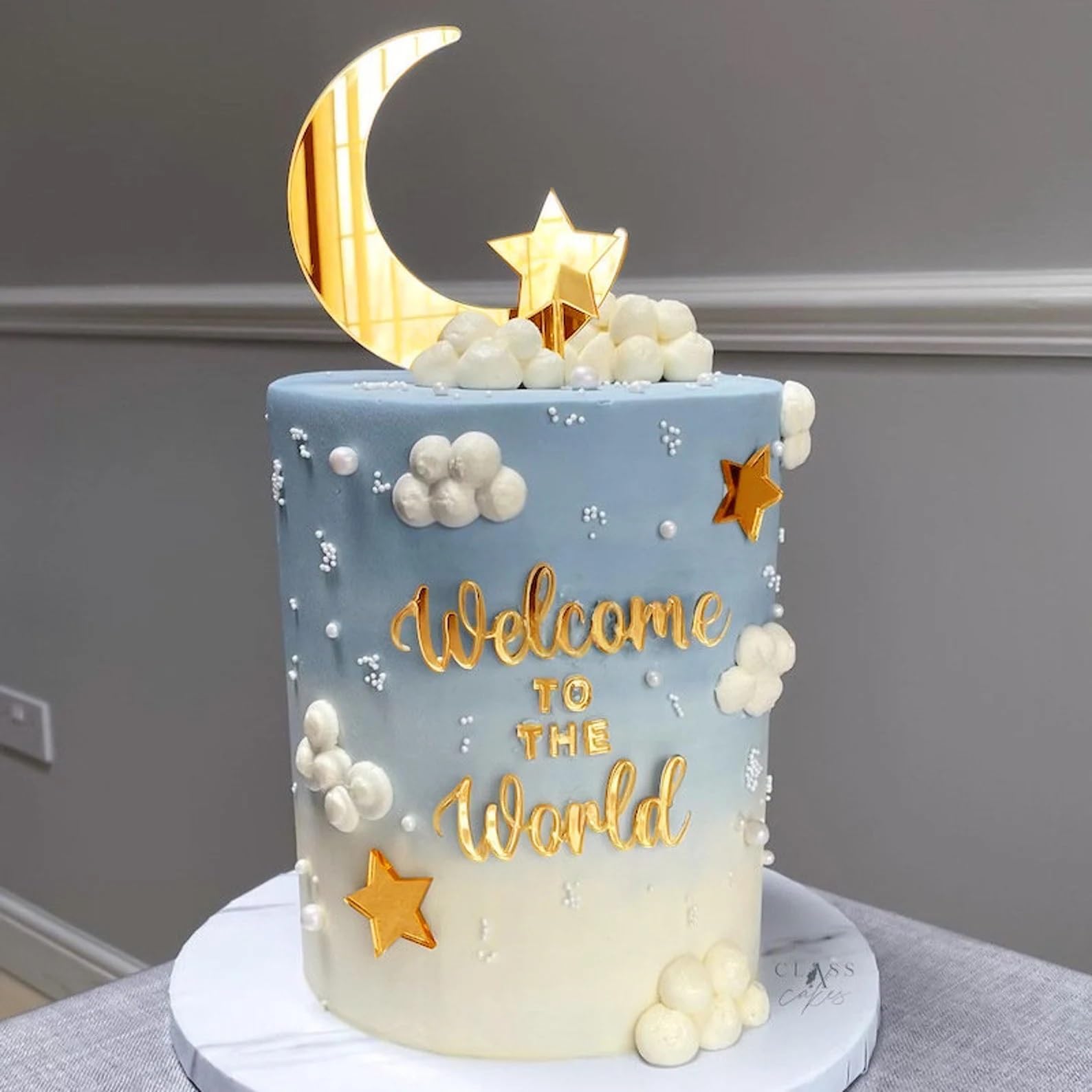 12PCS Moon Star Cake Toppers,Acrylic Mirror Gold"Welcome To The World"Baby Shower Cake Decorations for Over the Moon Baby Shower Wedding Birthday Party