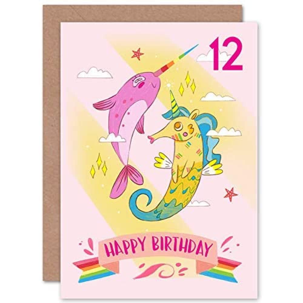 Wee Blue Coo Unicorn Seahorse Narwhal 12th Birthday Greeting Card With Envelope Blank Inside Premium Quality