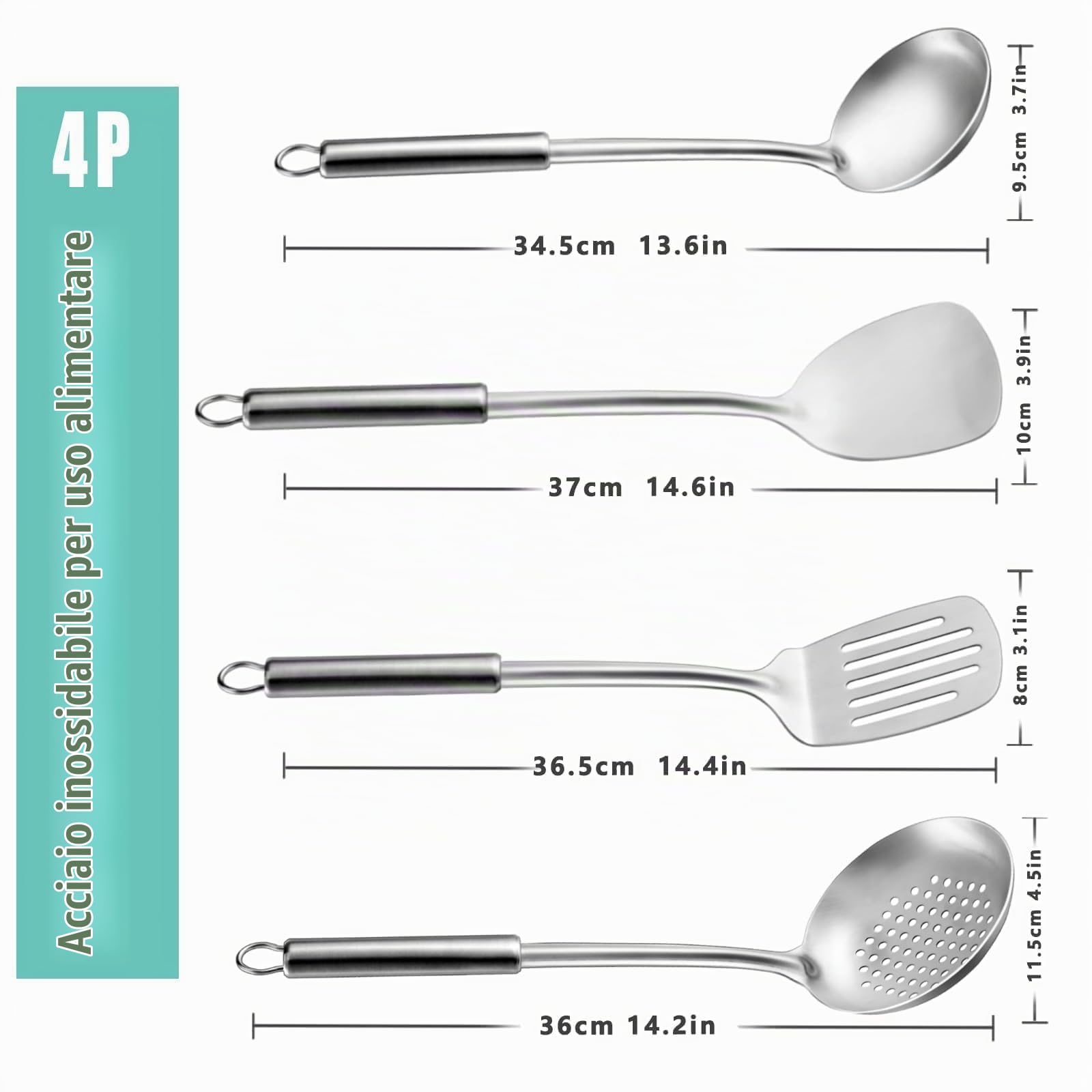 Pleafind utensili da cucina, set di utensili da cucina in 4 pezzi, set cucina in 304 acciaio inox con mestolo, schiumarola, tornitore con intaglio, paletta cucina, utensili da cucina