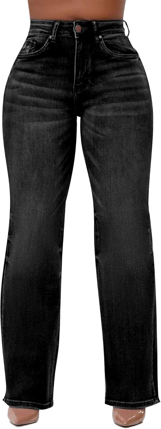 HugeNice Women's Wide Leg Jeans Casual Mid Rise Stretchy Straight Leg Denim Pants