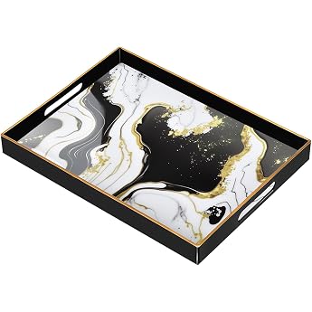 Serving Tray Vintage Plastic Rectangular Art Tray with Handles Marble Look Decorative Tray Shatterproof Large Gift Table Coffee Tray Kitchen Tray