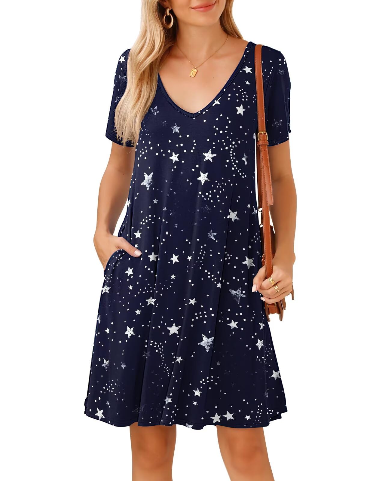 JollieLovin Women T Shirt Plus Size Summer Swing Dresses Short Sleeve V Neck Loose Casual Dress(L-5X)