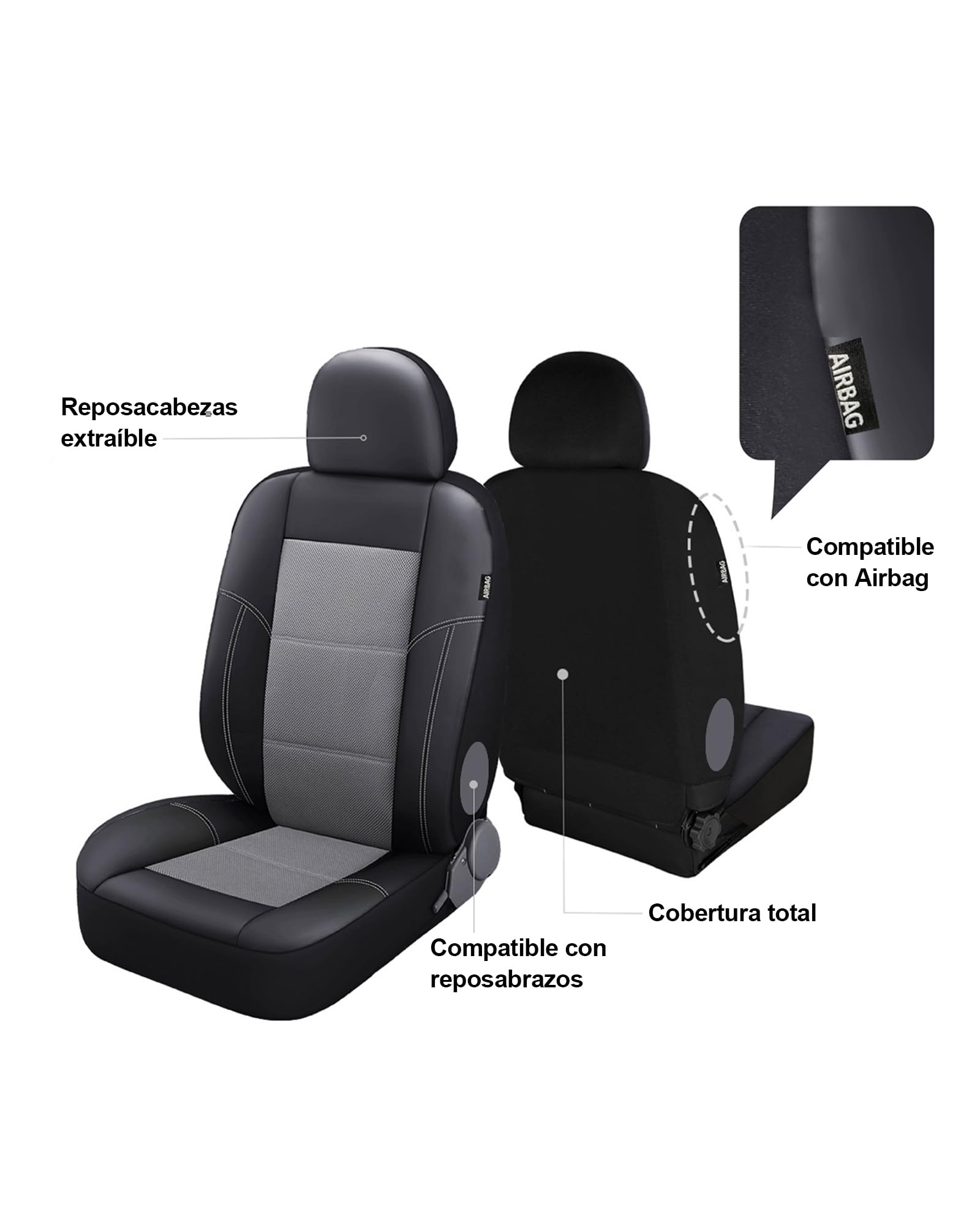 TOYOUN Fundas de asiento para furgonetas y camiones, ajuste universal para asientos individuales y dobles - piel sintética y malla, negro y gris