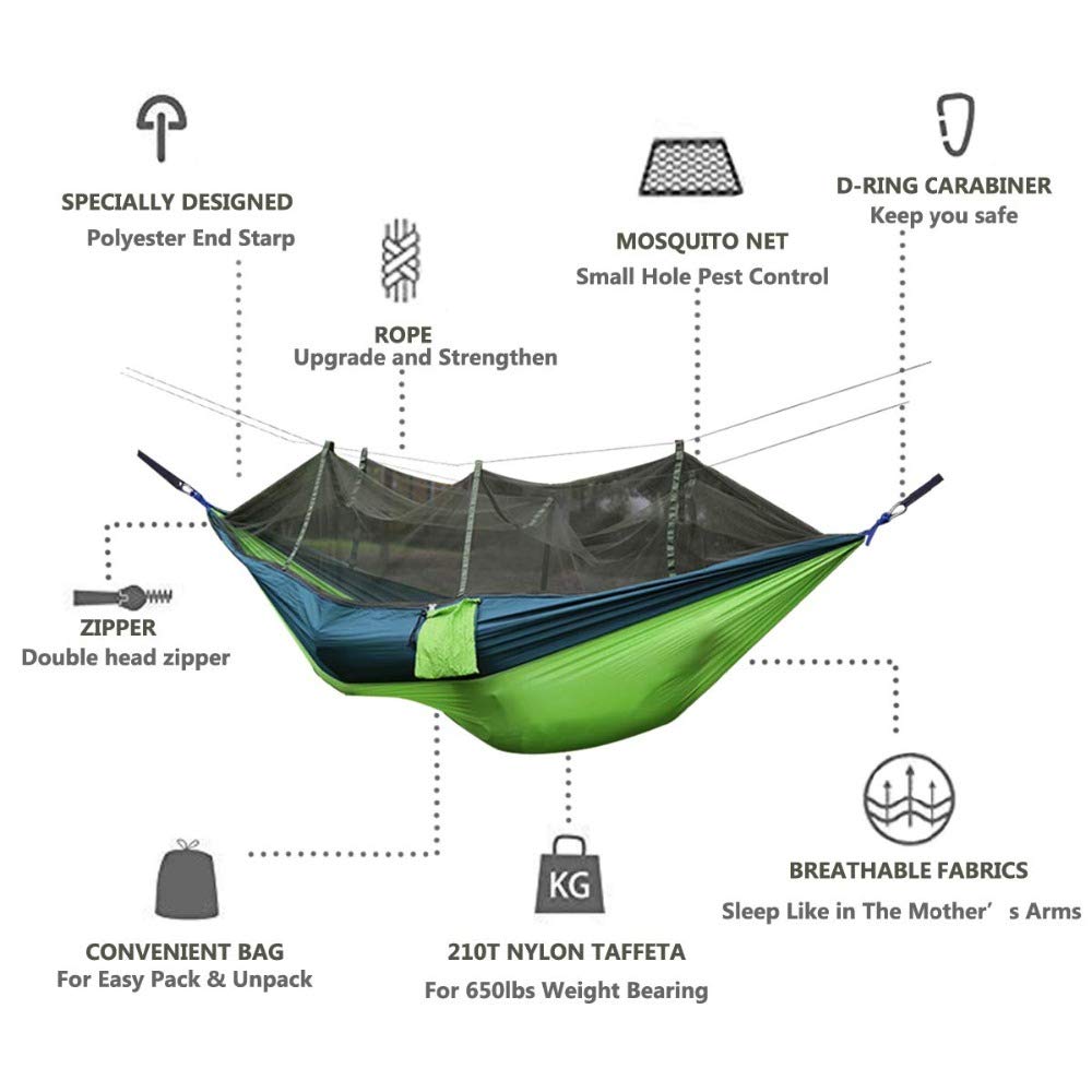Hamaca para Acampar con Mosquitera, Hamaca De Nylon Paracaídas Portátil para Interiores, Exteriores, Senderismo, Camping, Mochilero, Viajes, Patio Trasero, Playa,A