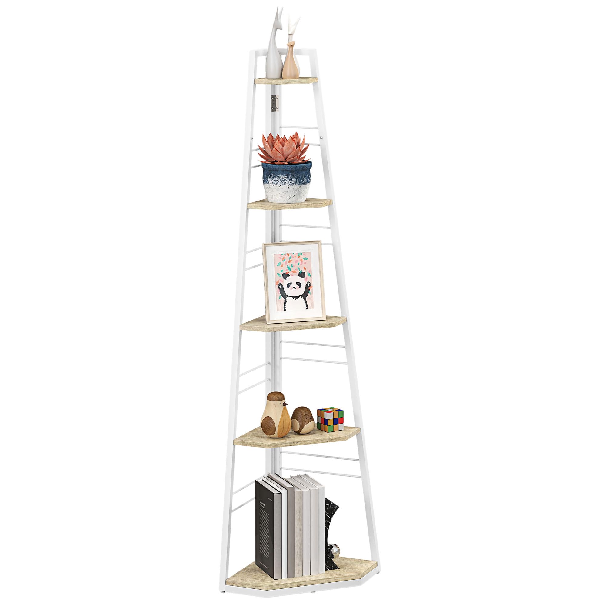 HOMCOM 5-Tier Corner Shelf, Pentagonal Storage Shelves with Foldable Steel Frame and Adjustable Feet for Living Room, Study, Natural Wood Finish