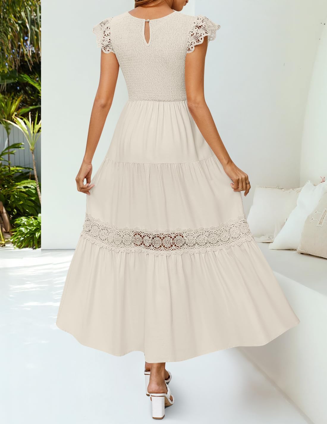 ZESICA Women's Casual Crew Neck Flutter Sleeve Smocked High Waist Hollow Out Lace Trim Tiered A Line Midi Dress - Image 4