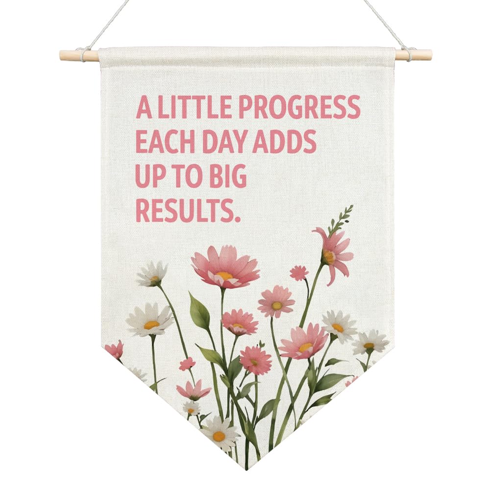 AGMDESIGN A Little Progress Each Day Adds Up To Big Results Canvas Hanging Pennant Flag Banner, Motivational Office Decor, Home School Classroom Kids Room Canvas Flag Decor, Therapist Office Gifts