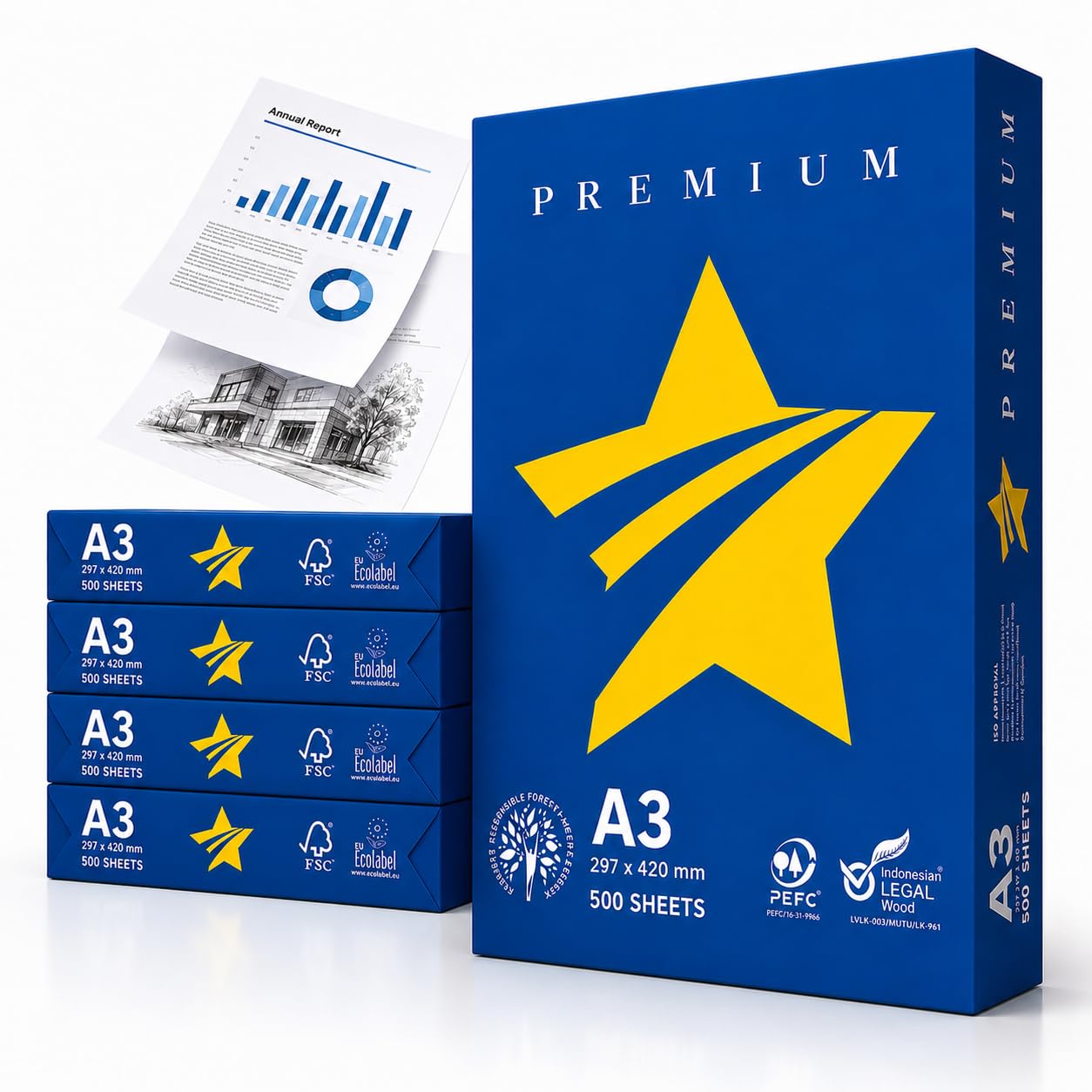 5 Risma Carta A3 da 500 Fogli (2500 Fogli) SENZA INCEPPAMENTO - Carta Stampante 75 gr - Stampante Inkjet, Laser, Fotocopiatrice - Risma di Carta A3 Bianca di ALTA' QUALITA' per Ufficio, Casa e Scuola