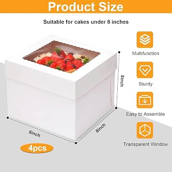 4 Pcs White Cake Boxes with Window and Cake Boards, 8 Inch Cakes Box, Cakes Containers with Removable Lids, Cardboard Square Baking Boxes, for Bakery, Cookies, Dessert, Wedding, Birthday Party