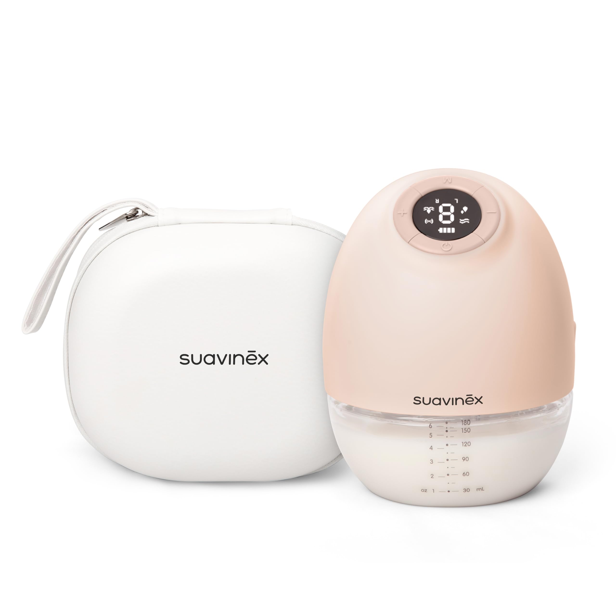 Suavinex, Extractor Leche Materna, Sacaleches Manos Libres, Sin Cables, Sin Tubos, con Batería, 3 Modos y 9 Intensidades de Succión, con Adaptadores, Estuche y Cepillo, Pantalla Led, Depósito 180 ml