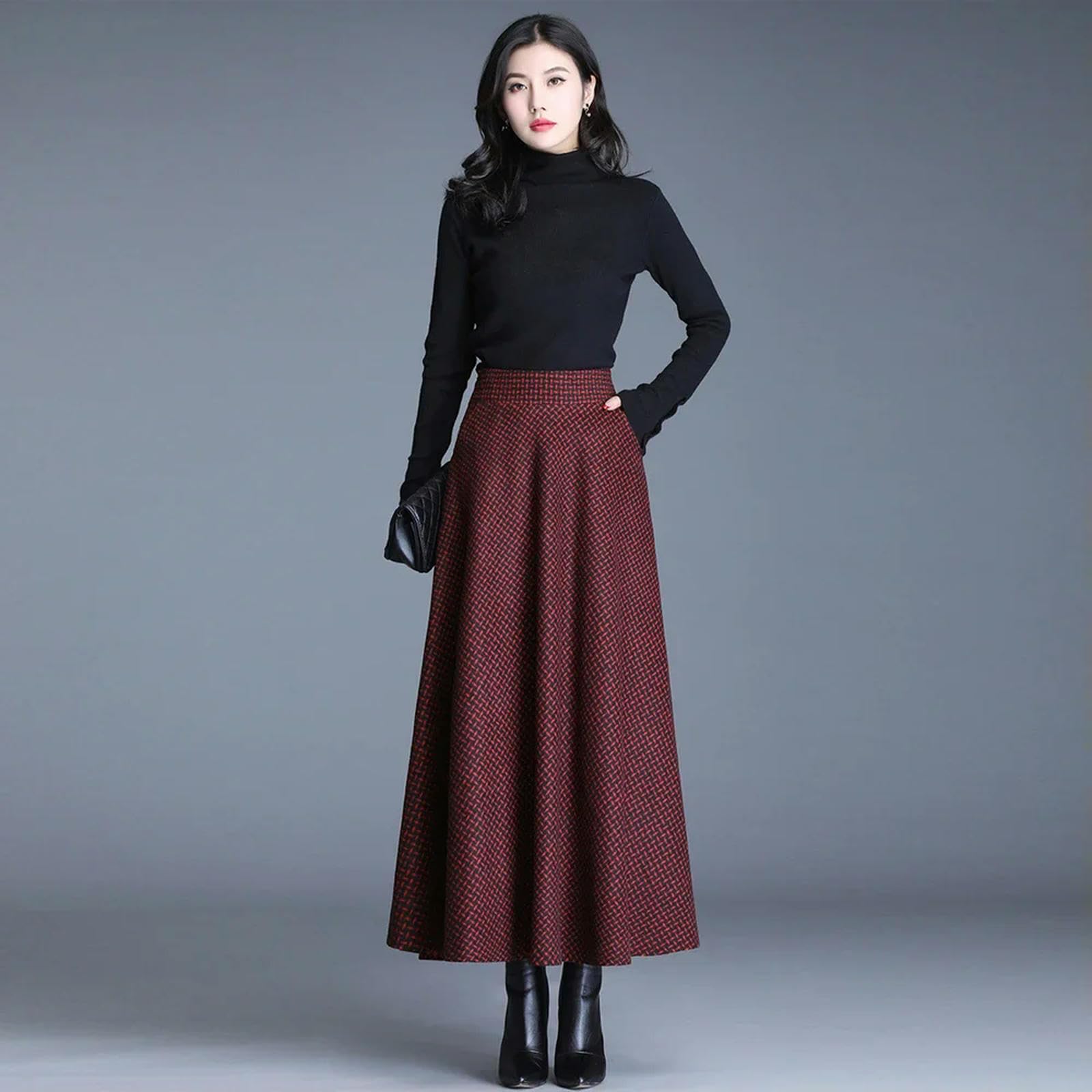Spódnica damska zimowa ciepła wysoka talia długa spódnica dzianinowa elegancka elastyczna talia vintage casualowa plisowana spódnica maxi