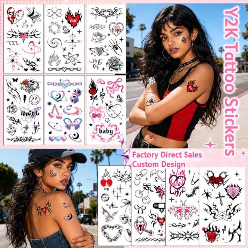 Image of MAYCREATE 10 Sheets Y2K Temporary Tattoos Stickers for Kids Girls Multicolor Cartoon Waterproof Body Art Tramp Stamp Temporary Tattoos for Parties and Creative Decoration