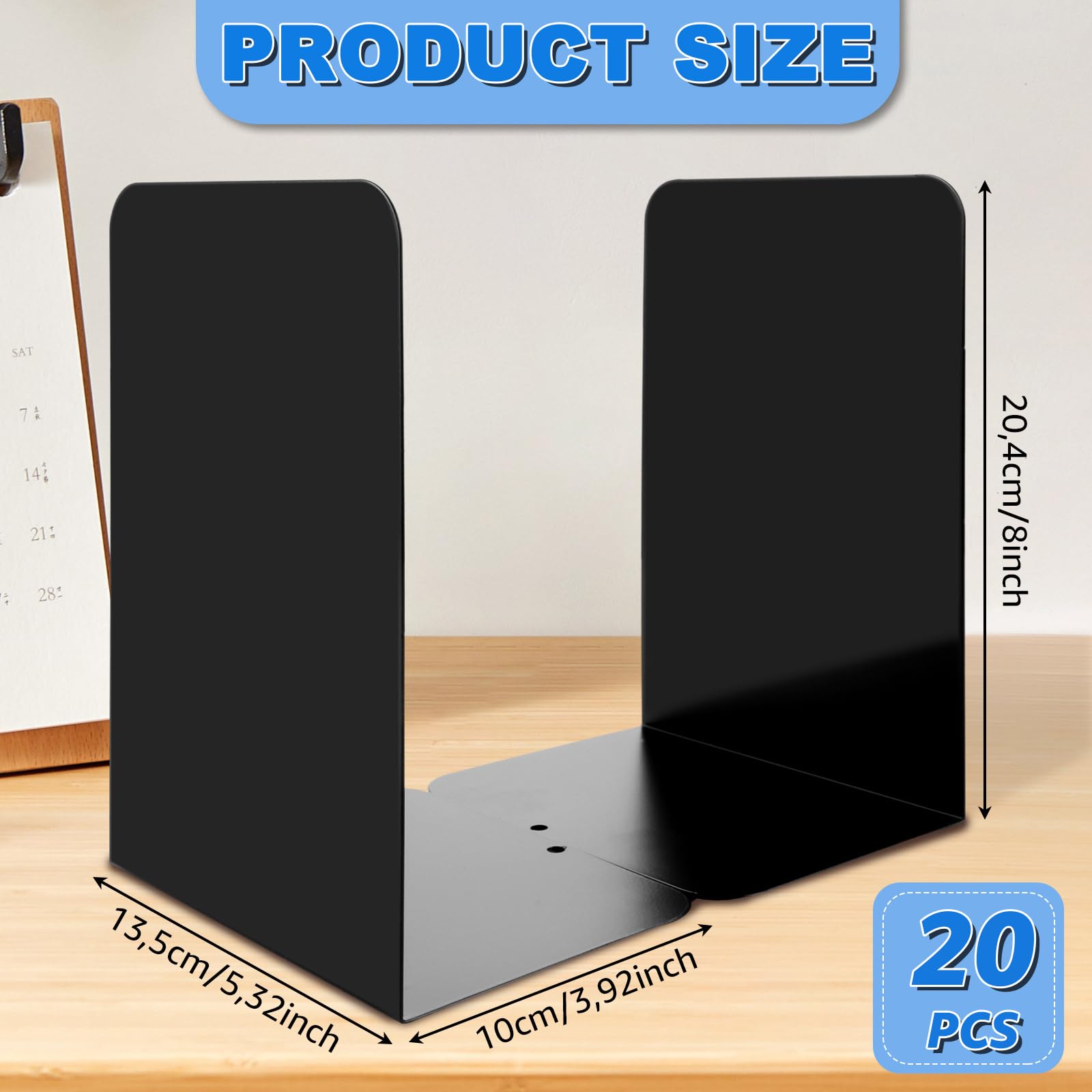 APACALI 20 sujetalibros de metal, 20,4 x 10 x 13,5 cm, soporte de lectura, sujetalibros negro, sujetalibros para estanterías, para libros pesados, hogar, oficina