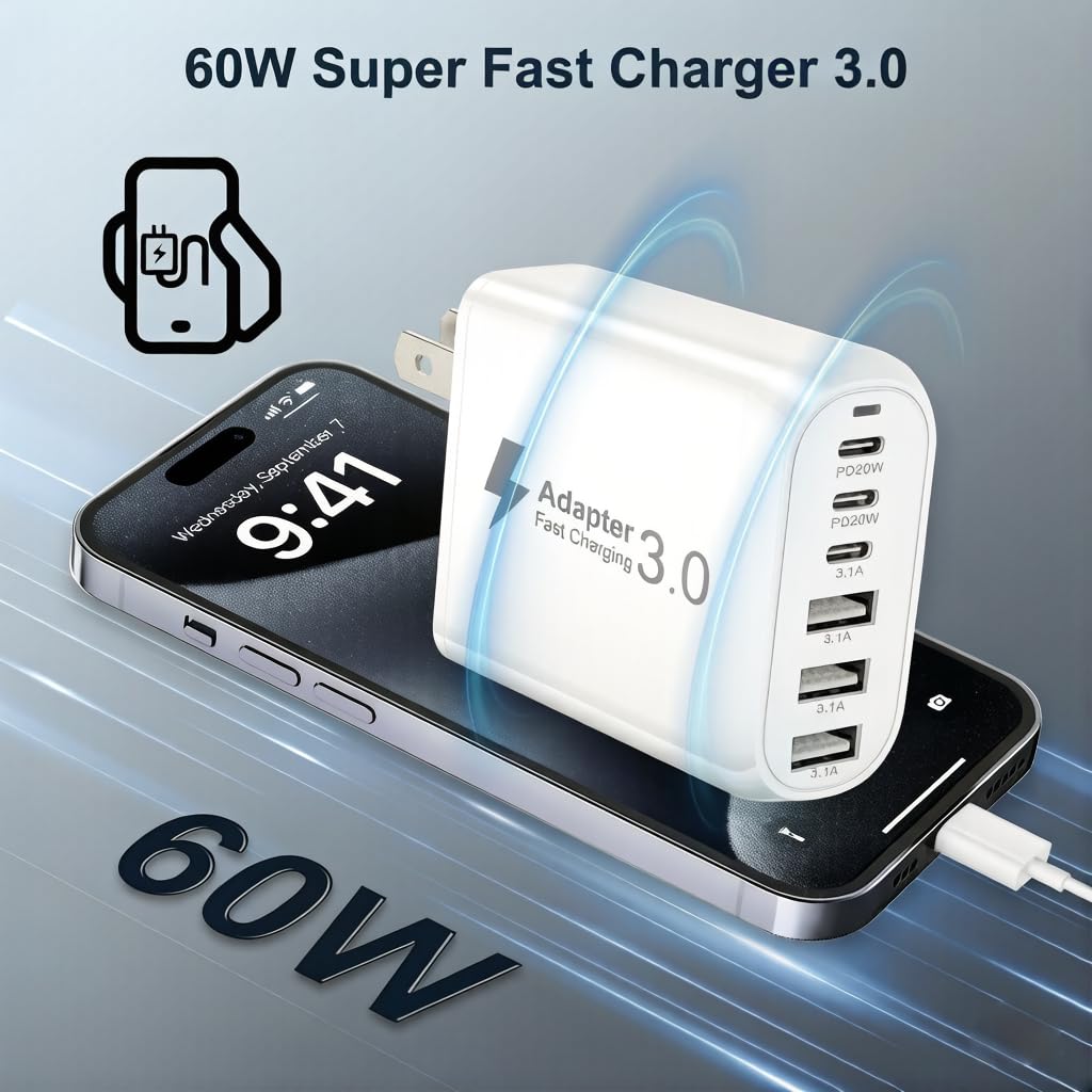 USA Travel Adapter Charger, 60W US Plug Adapter Fast Charger Plug with 3 USB C+3 USB A, US Travel Adaptor American/US/Canada/China/Japan Wall Adaptor Fast Charging for iPhone 17 16 15,Samsung Galaxy — view 2