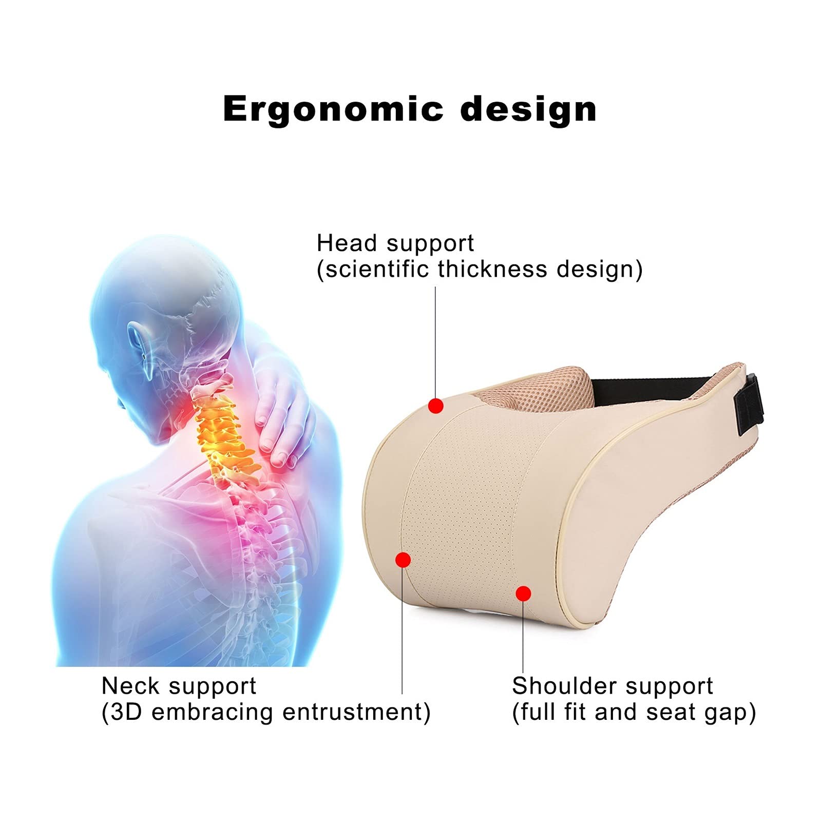 SSIMOO PU Leather Auto Car Neck Pillow Memory Foam Filling Neck Rest Seat Poggiatesta Cuscino Soluzione di Supporto Compatibile for Bambini e Adulti (Color : Beige)