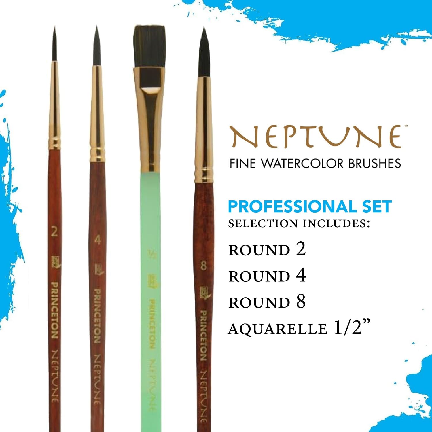 Princeton Neptune P4750HSET - Juego profesional de pinceles para acuarela, cerdas sintéticas, mango corto, madera oscura, paquete de 4, 1 unidad, P4750HSET